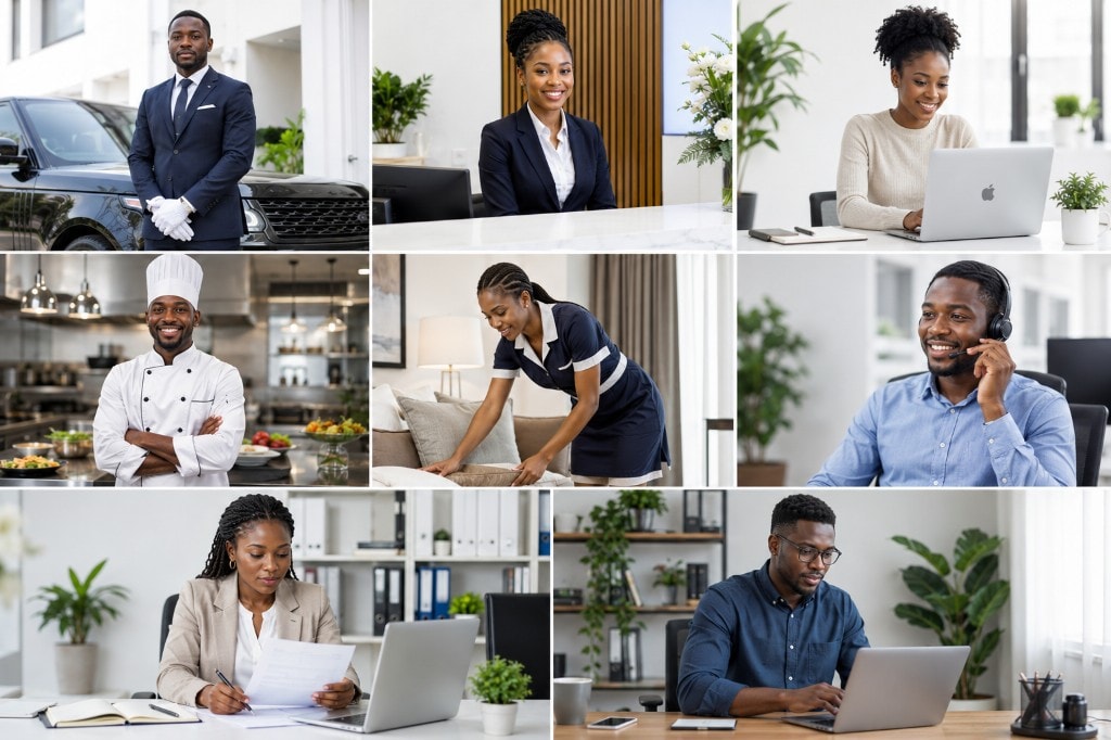 Pukena professionals collage — chauffeur, reception, remote work, chef, housekeeping, customer service, admin and office roles across Nigeria.